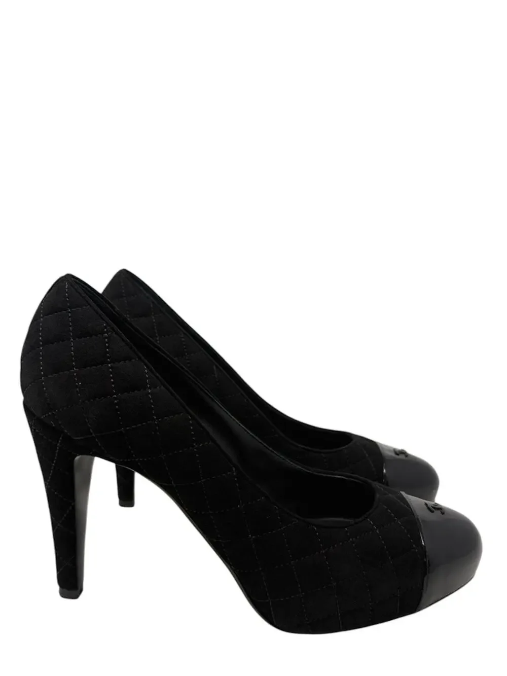 Chanel Quilted CC Cap Toe Black Suede Pumps Size 39.5